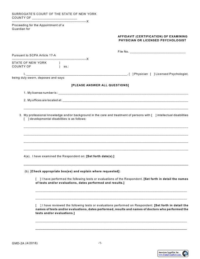 Affidavit (Certification) Of Examining Physician Or Licensed Psychologist {GMD-2A} | Pdf Fpdf Docx | New York