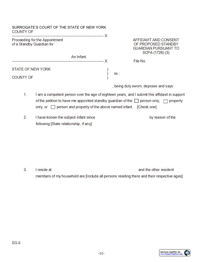 Affidavit And Consent Of Proposed Standby Guardian {SG-5} | Pdf Fpdf Docx | New York