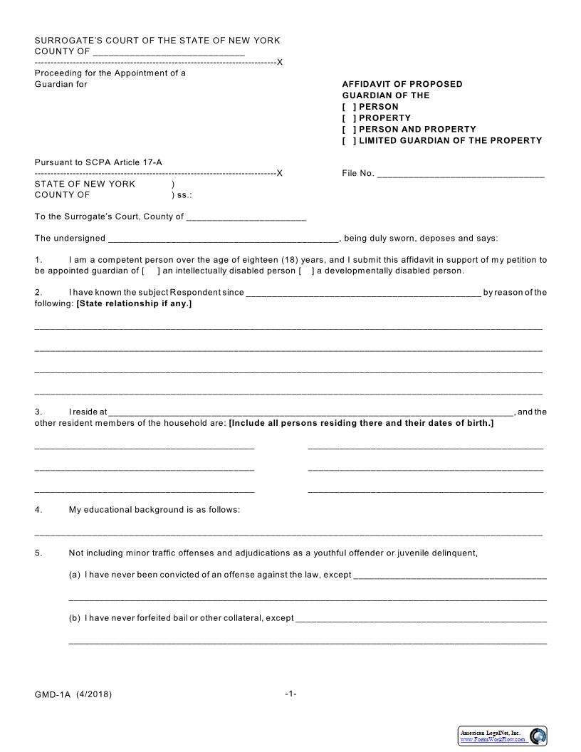 Affidavit Of Proposed Guardian {GMD-1A} | Pdf Fpdf Docx | New York