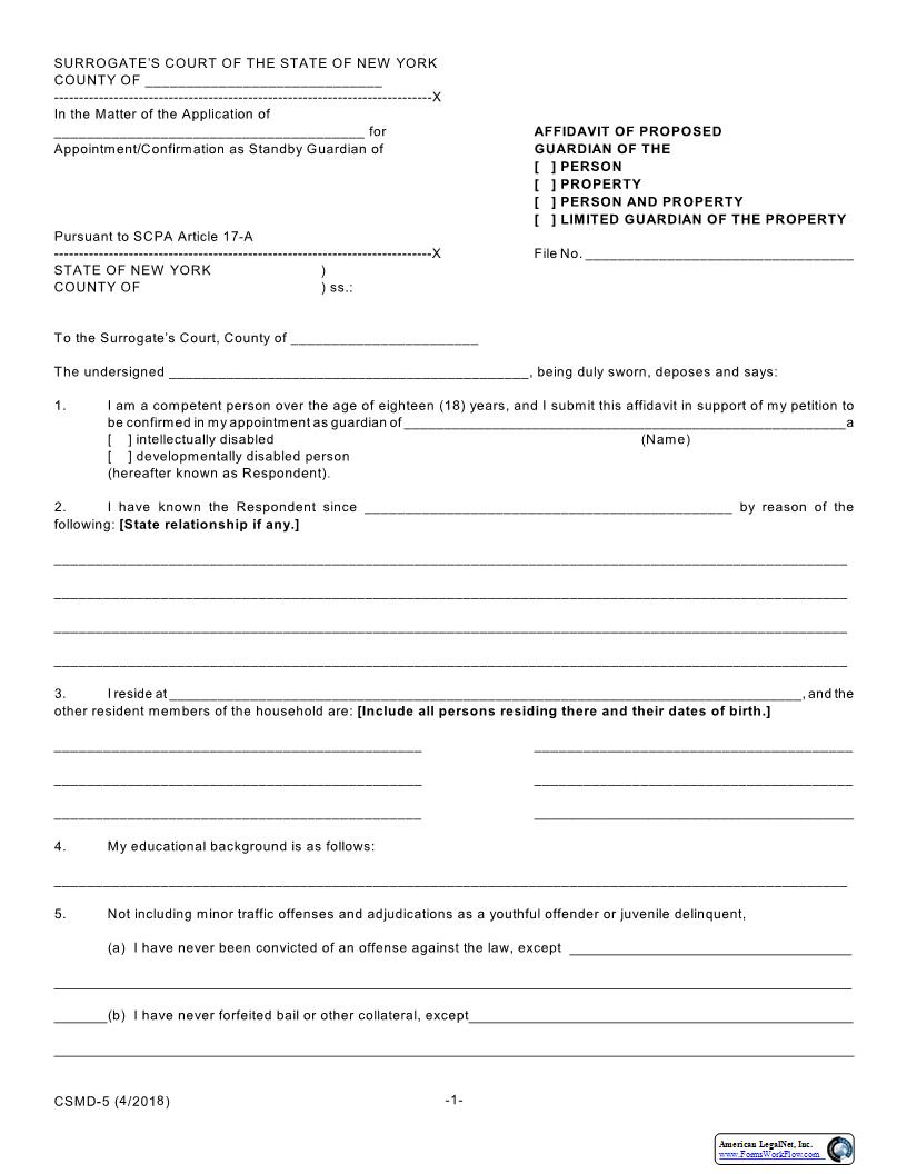 Affidavit Of Proposed Guardian (Standby) {CSMD-5} | Pdf Fpdf Docx | New York