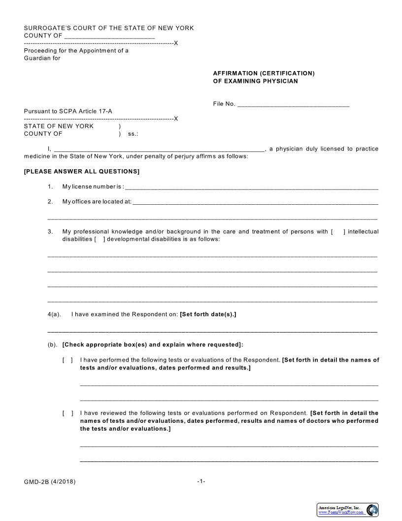 Affirmation (Certification) Of Examining Physician {GMD-2B} | Pdf Fpdf Docx | New York