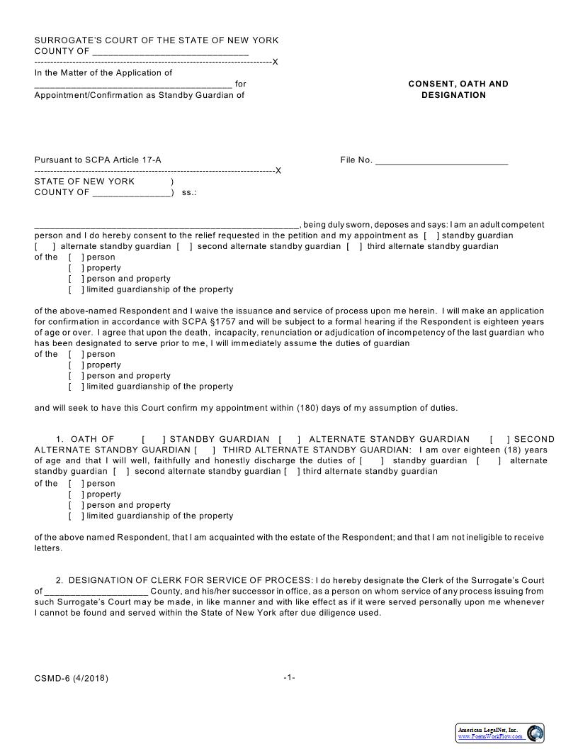Consent Oath And Designation (Standby Guardian) {CSMD-6} | Pdf Fpdf Docx | New York