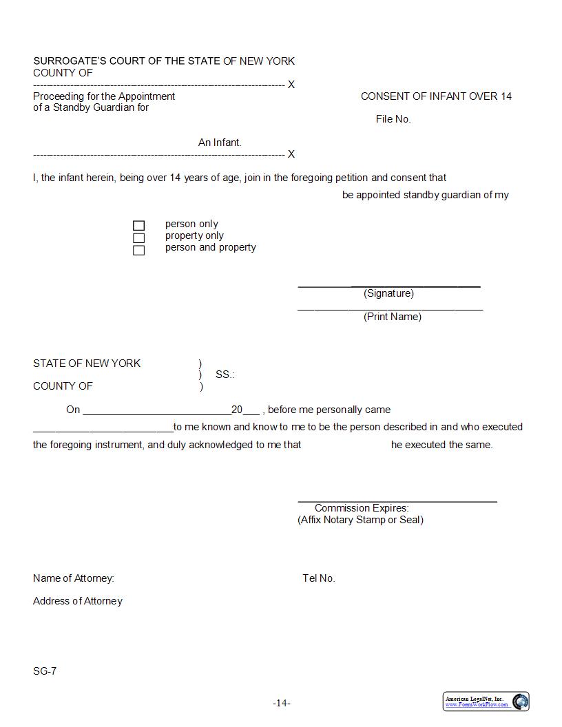Consent Of Infant Over 14 {SG-7} | Pdf Fpdf Docx | New York