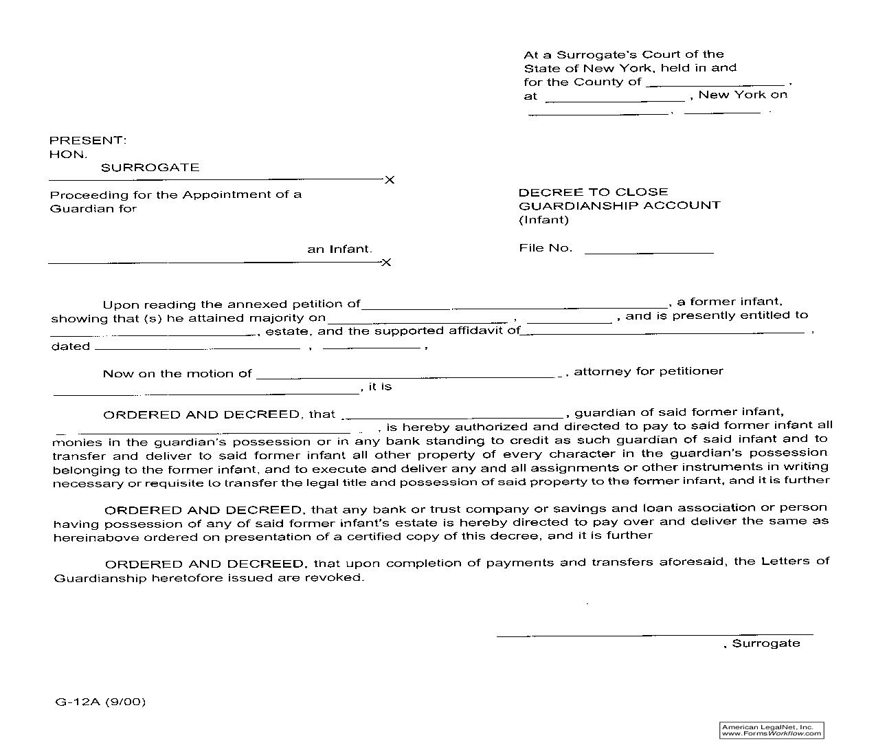 Decree To Close Guardianship Account (Infant) {G-12A} | Pdf Fpdf Doc Docx | New York