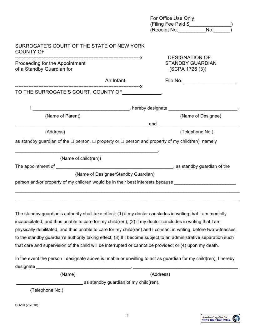 Designation Of Standby Guardian {SG-10} | Pdf Fpdf Docx | New York