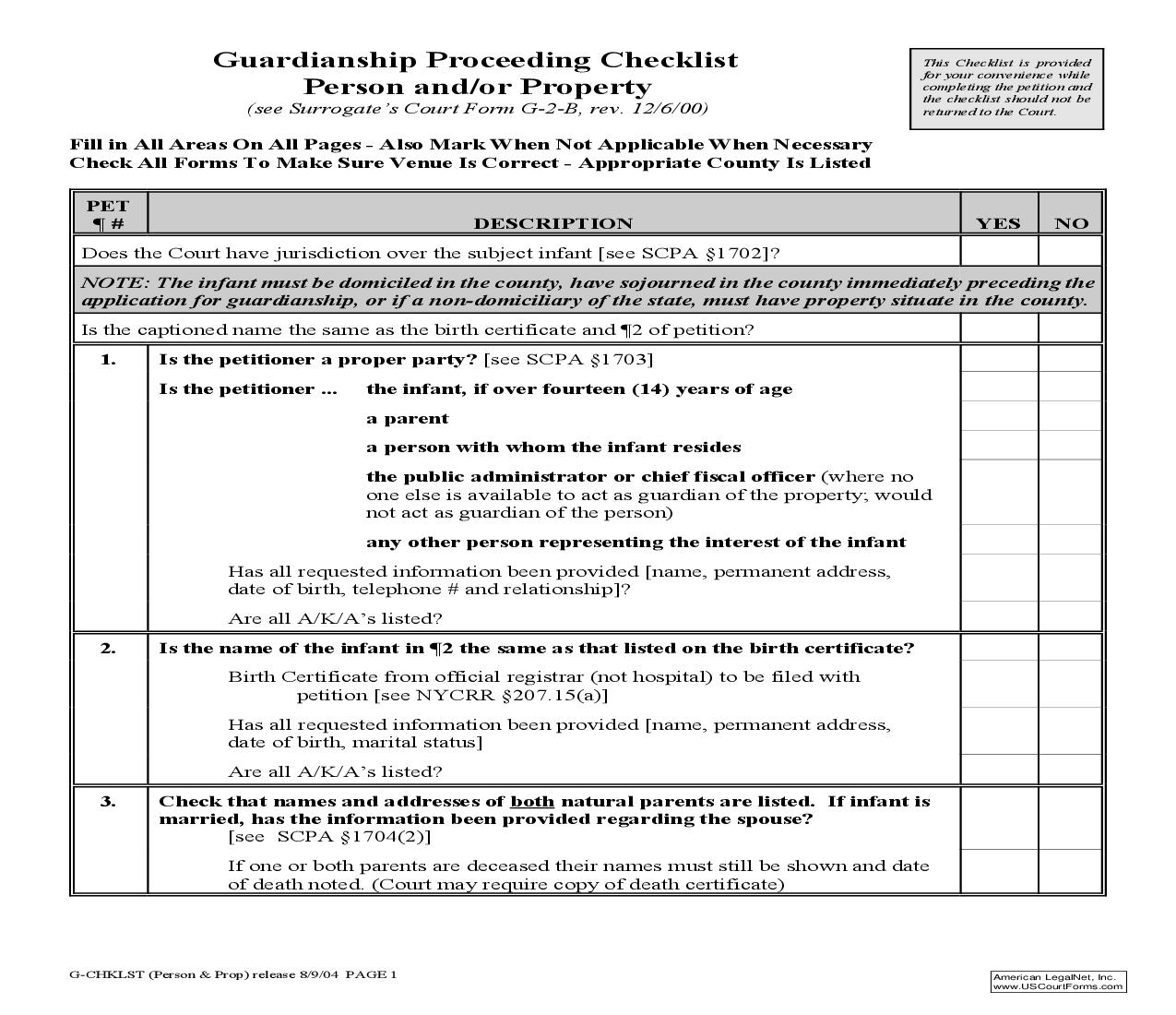 Guardianship Proceeding Checklist Person And Or Property | Pdf Fpdf Doc Docx | New York
