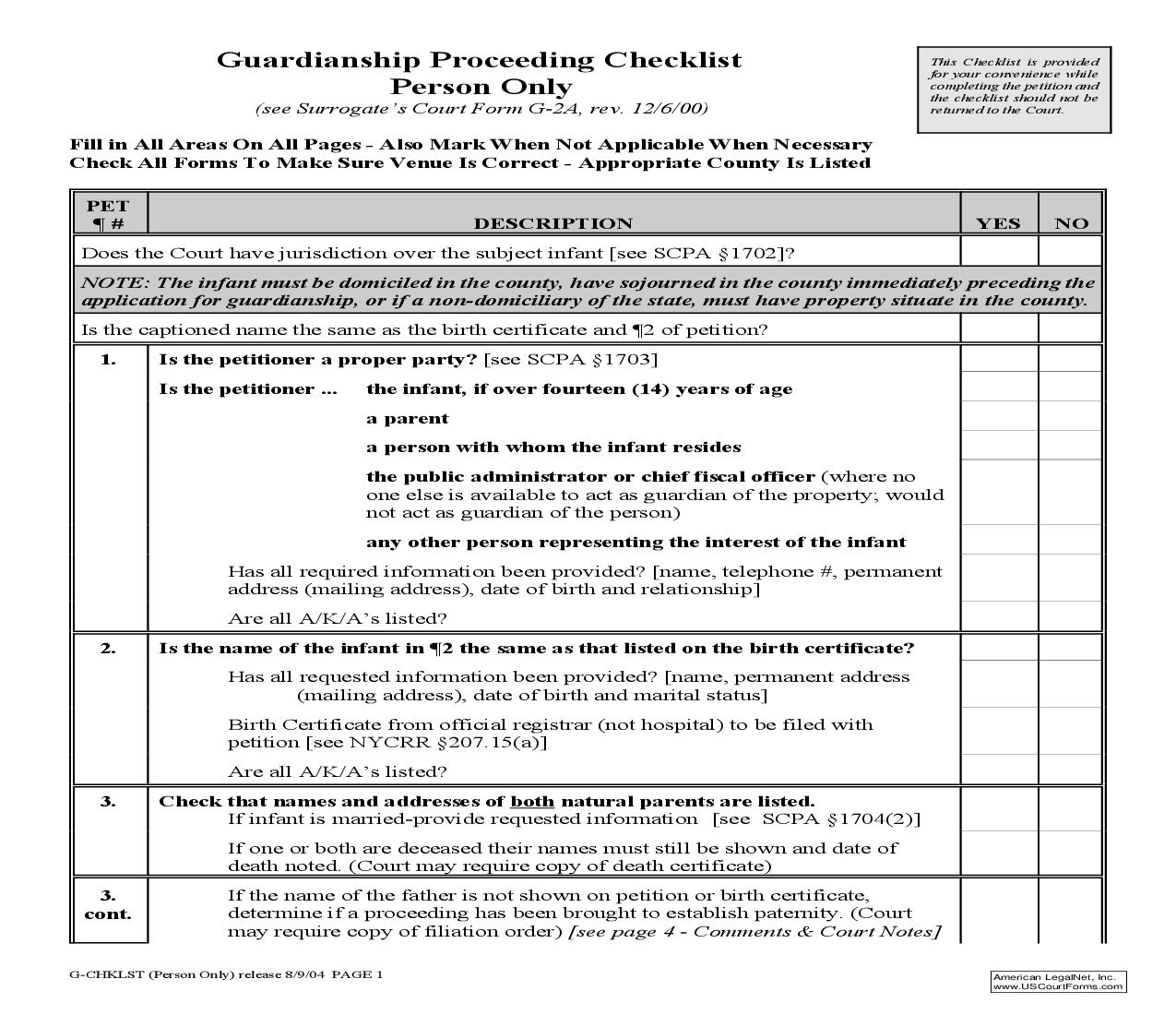 Guardianship Proceeding Checklist Person Only | Pdf Fpdf Doc Docx | New York