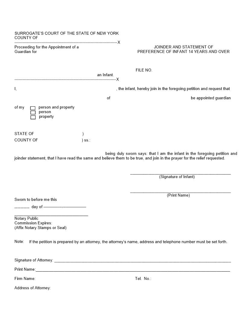 Joinder And Statement Of Preference Of Infant 14 Years And Over | Pdf Fpdf Docx | New York