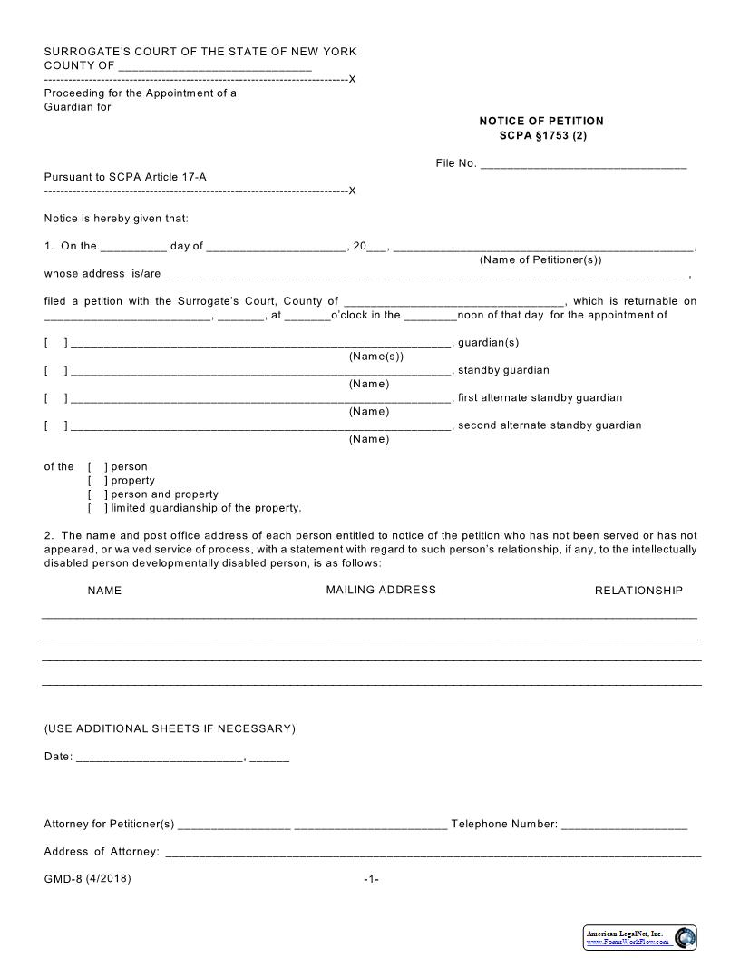 Notice Of Petition SCPA 1753(2) (SCPA Article 17-A) {GMD-8} | Pdf Fpdf Docx | New York