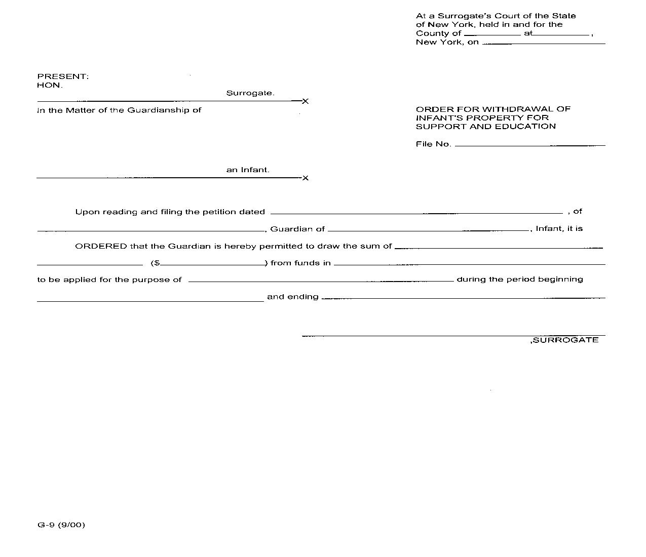 Order For Withdrawal Of Infants Property For Support And Education {G-9} | Pdf Fpdf Doc Docx | New York