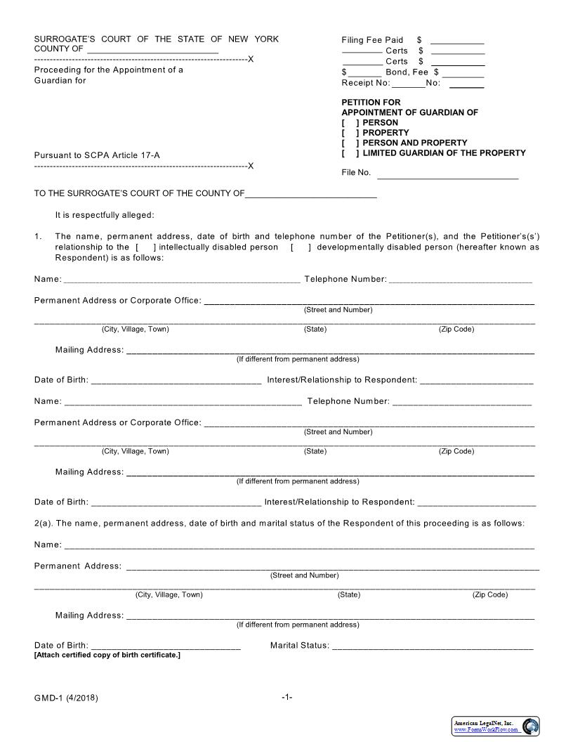 Petition For Appointment Of Guardian {GMD-1} | Pdf Fpdf Docx | New York