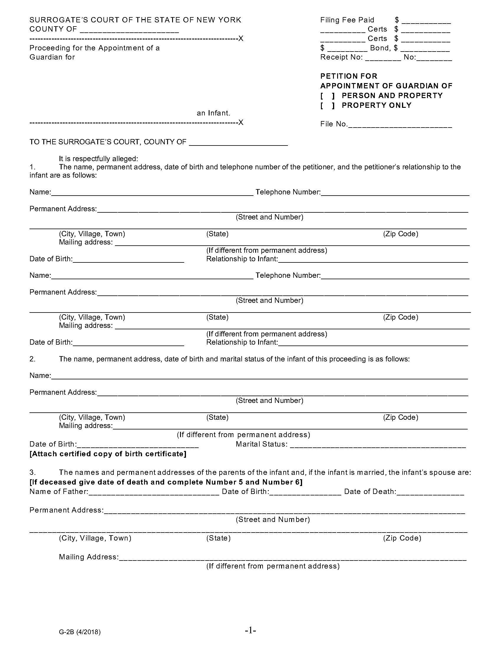 Petition For Appointment Of Guardian Of Person And Or Property {G-2B} | Pdf Fpdf Docx | New York