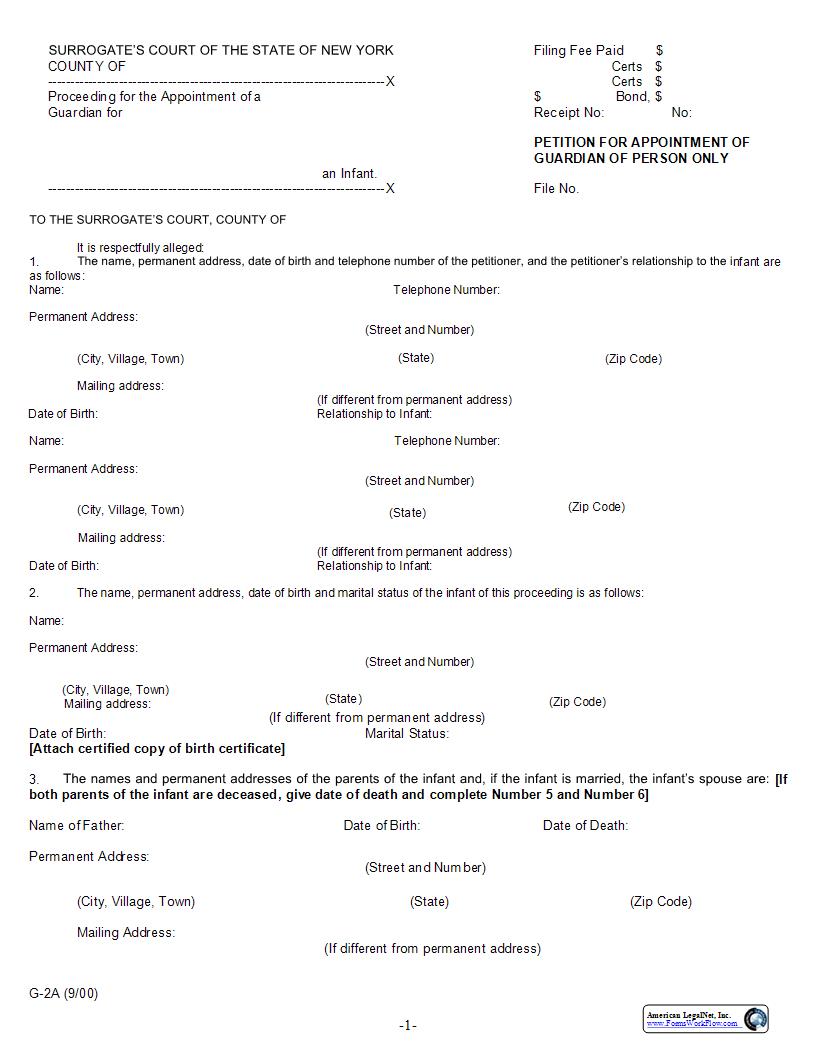Petition For Appointment Of Guardian Of Person Only {G-2A} | Pdf Fpdf Docx | New York