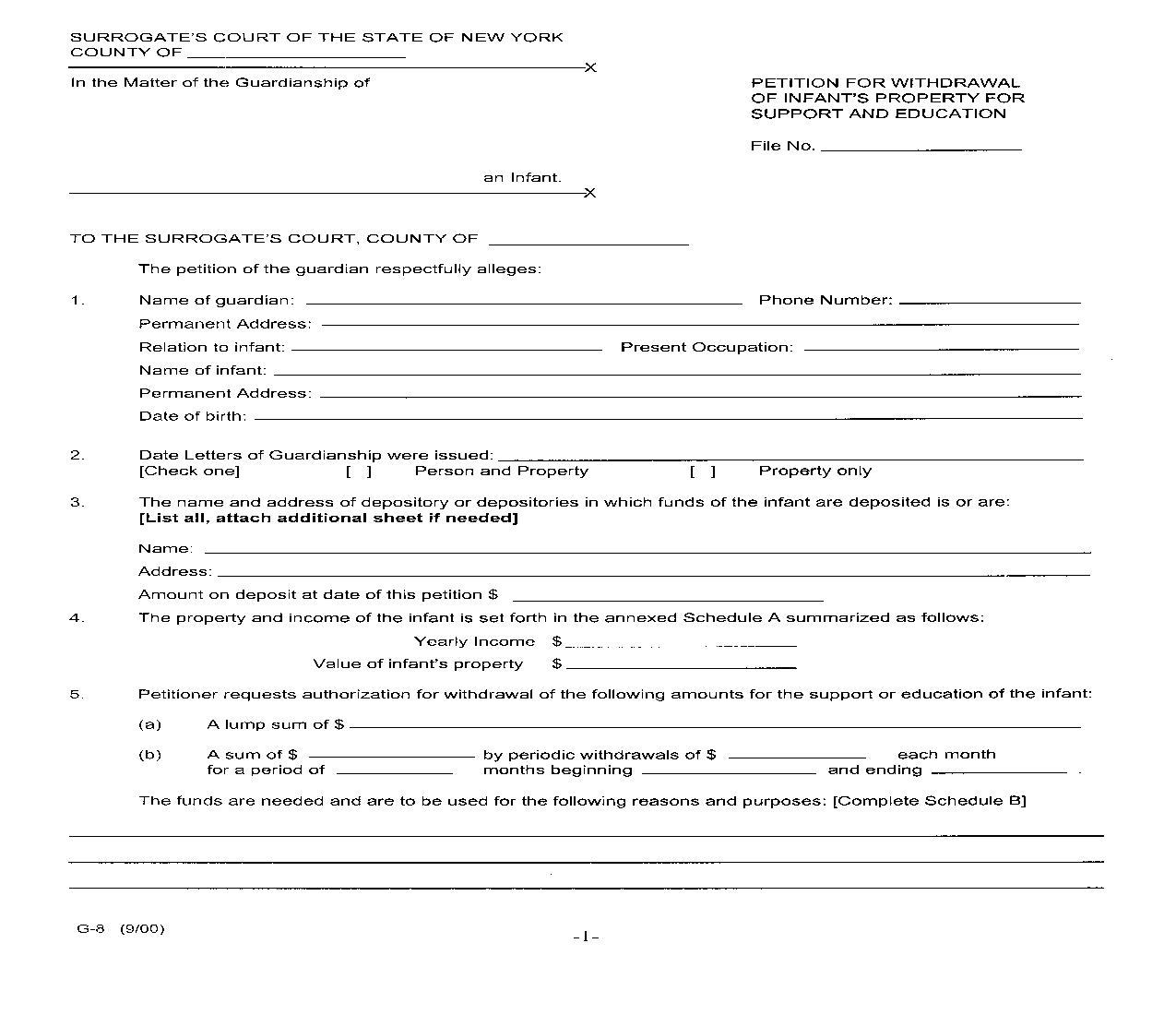 Petition For Withdrawal Of Infants Property For Support And Education (And Schedules) {G-8} | Pdf Fpdf Doc Docx | New York