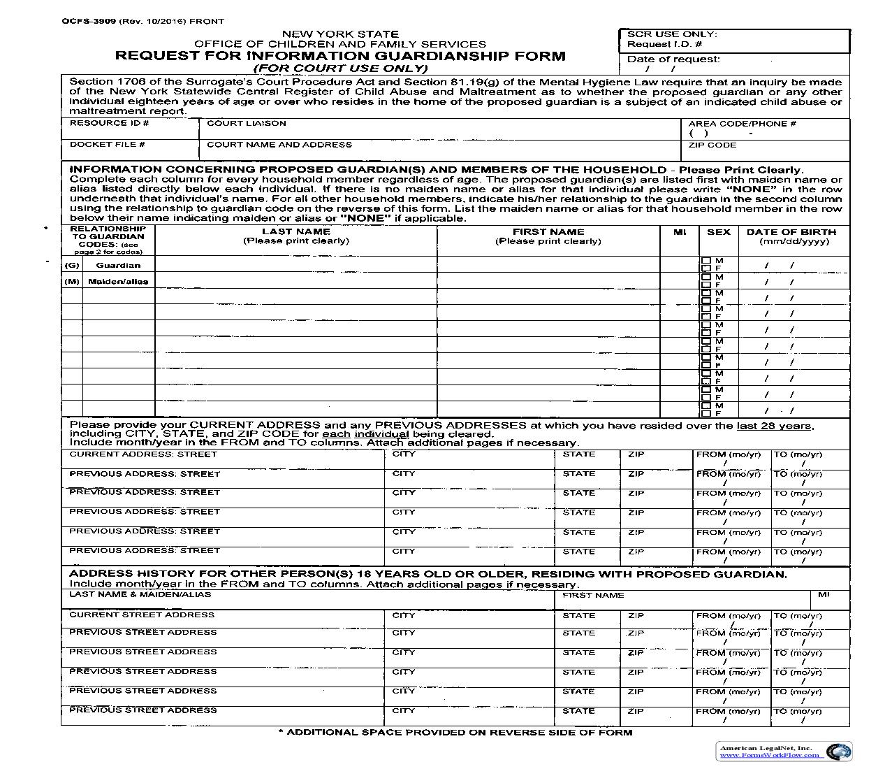Request For Information Guardianship {OCFS-3909} | Pdf Fpdf Doc Docx | New York