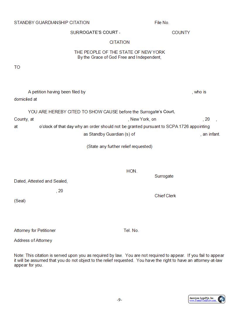 Standby Guardianship Citation {SG-4} | Pdf Fpdf Docx | New York