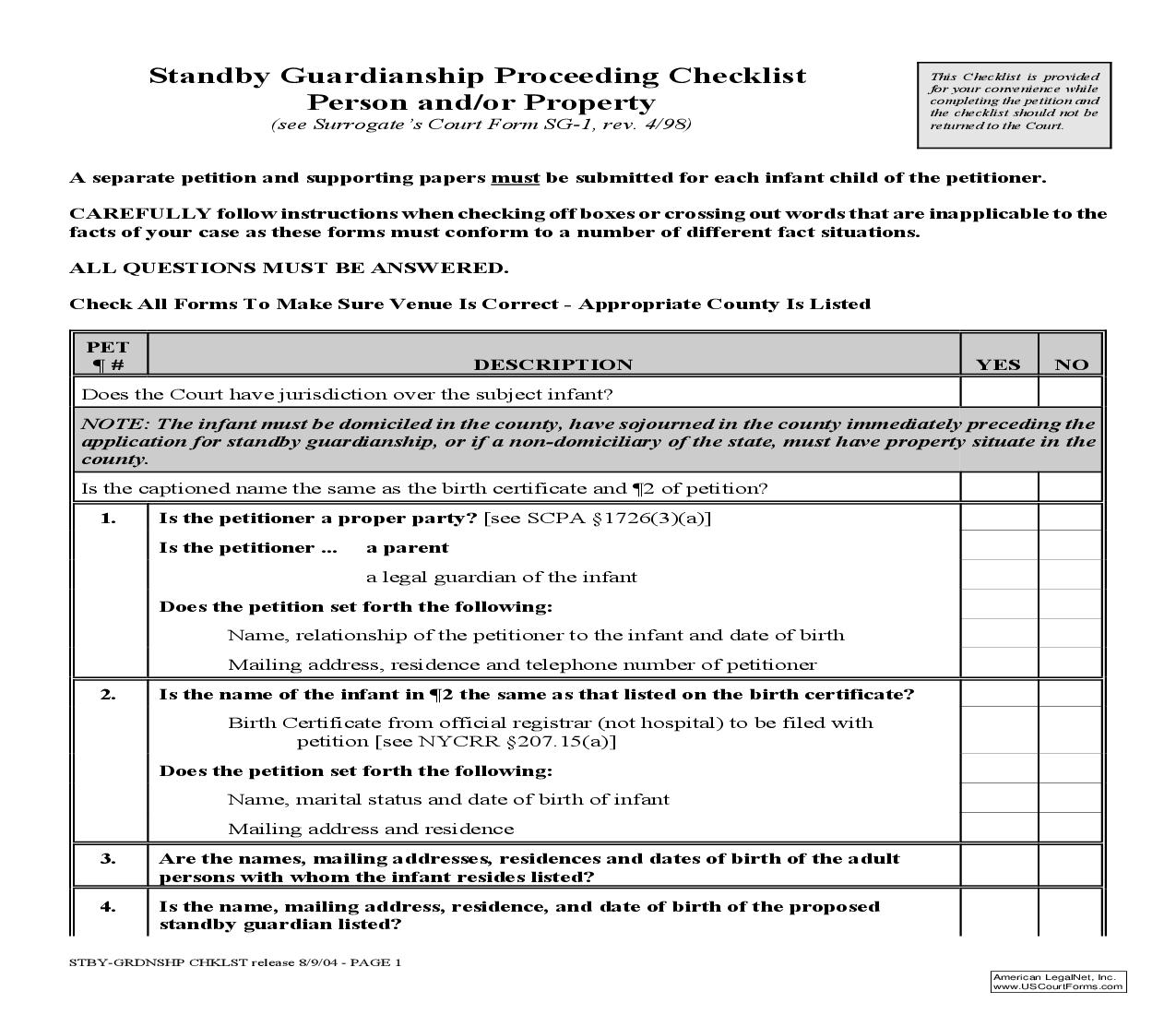 Standby Guardianship Proceeding Checklist Person And Or Property | Pdf Fpdf Doc Docx | New York