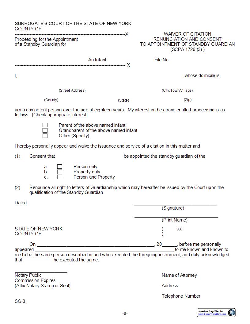Waiver Of Citation Renunciation And Consent To Appointment Of Standby Guardian {SG-3} | Pdf Fpdf Docx | New York