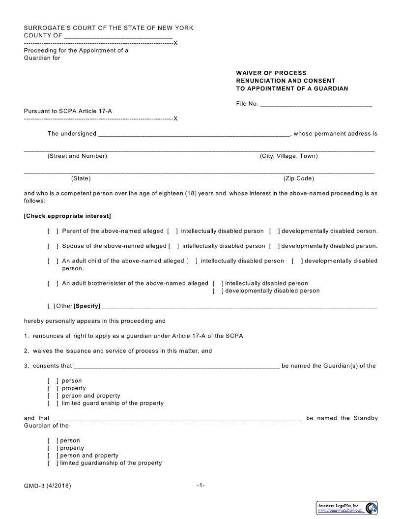 Waiver Of Process Renunciation And Consent To Appointment Of Guardian {GMD-3} | Pdf Fpdf Docx | New York