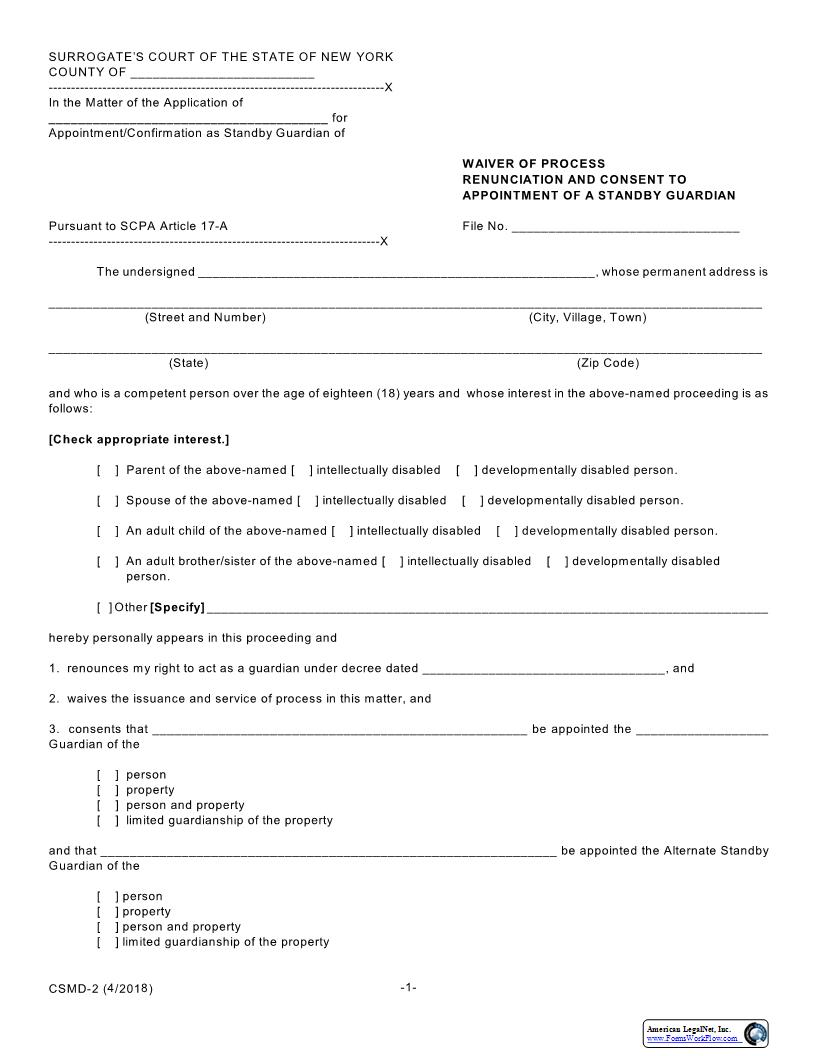 Waiver Of Process Renunciation And Consent To Appointment Of Standby Guardian {CSMD-2} | Pdf Fpdf Docx | New York