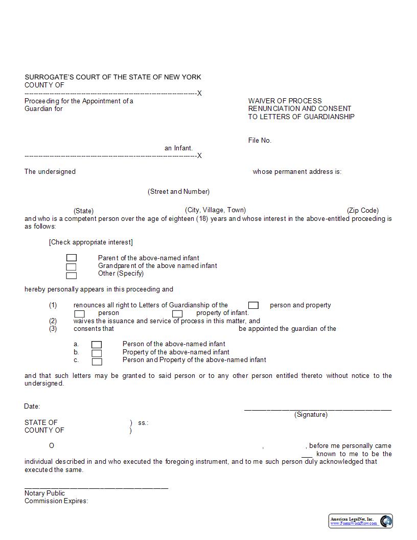 Waiver Of Process Renunciation And Consent To Letters Of Guardianship {G-5} | Pdf Fpdf Docx | New York