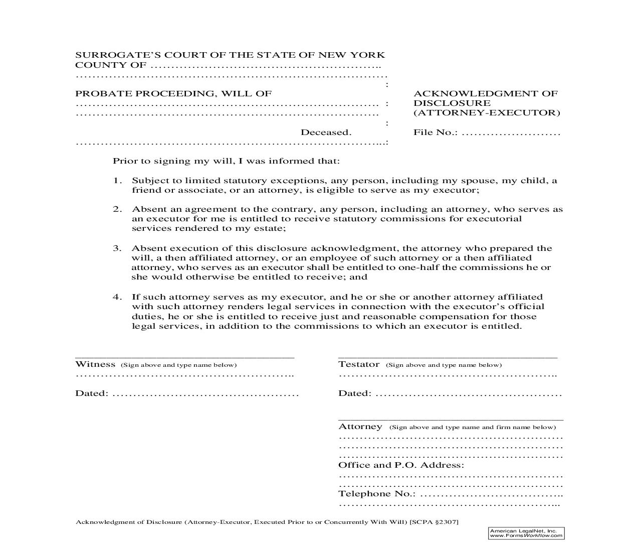 Acknowledgment Of Disclosure (Attorney-Executor) (Executed Prior To Or Concurrently With Will) | Pdf Fpdf Doc Docx | New York