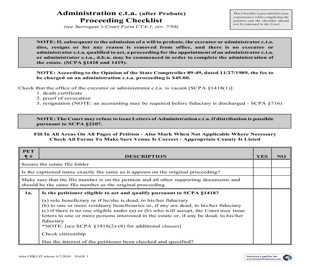 Administration cta (After Probate) Proceeding Checklist | Pdf Fpdf Doc Docx | New York