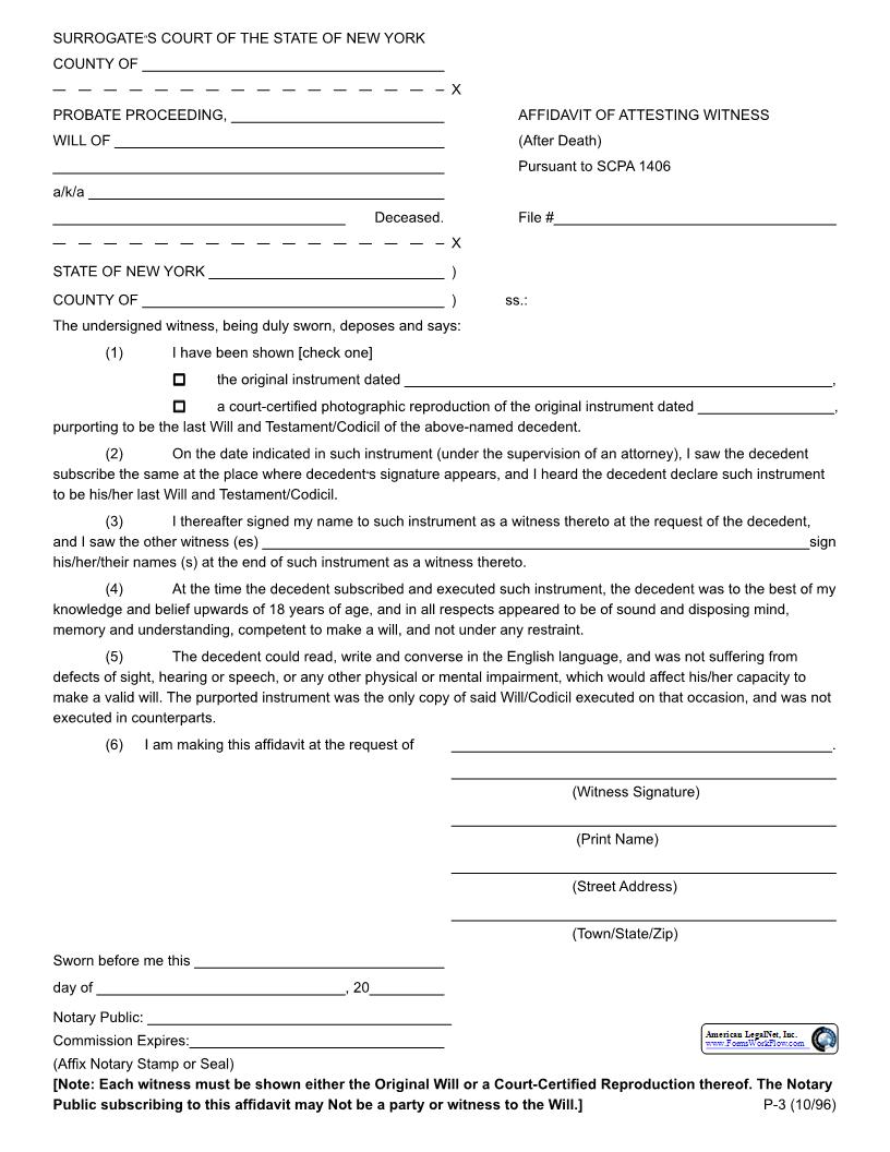 Affidavit Of Attesting Witness After Death {P-3} | Pdf Fpdf Doc Docx | New York