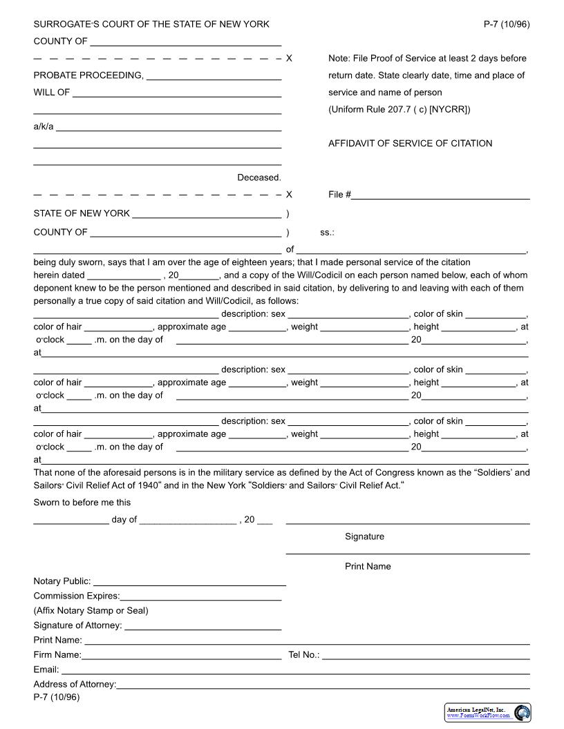 Affidavit Of Service Of Citation {P-7} | Pdf Fpdf Docx | New York