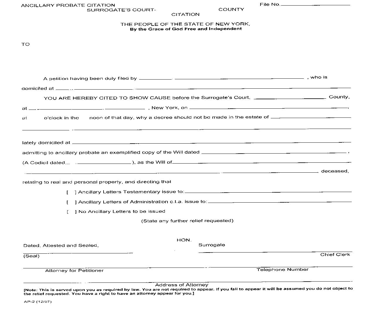 Ancillary Probate Citation {AP-2} | Pdf Fpdf Doc Docx | New York