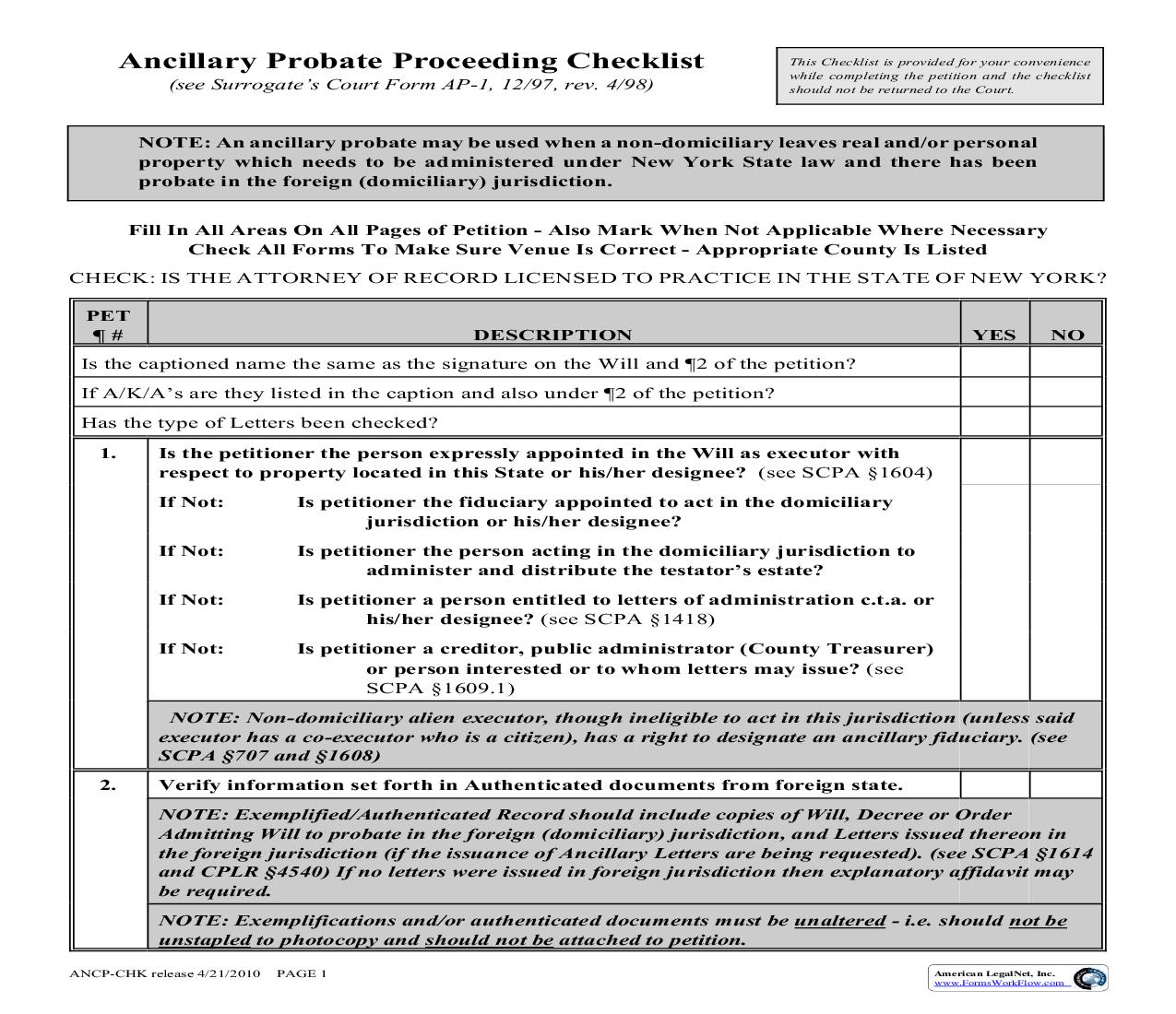 Ancillary Probate Proceeding Checklist | Pdf Fpdf Doc Docx | New York