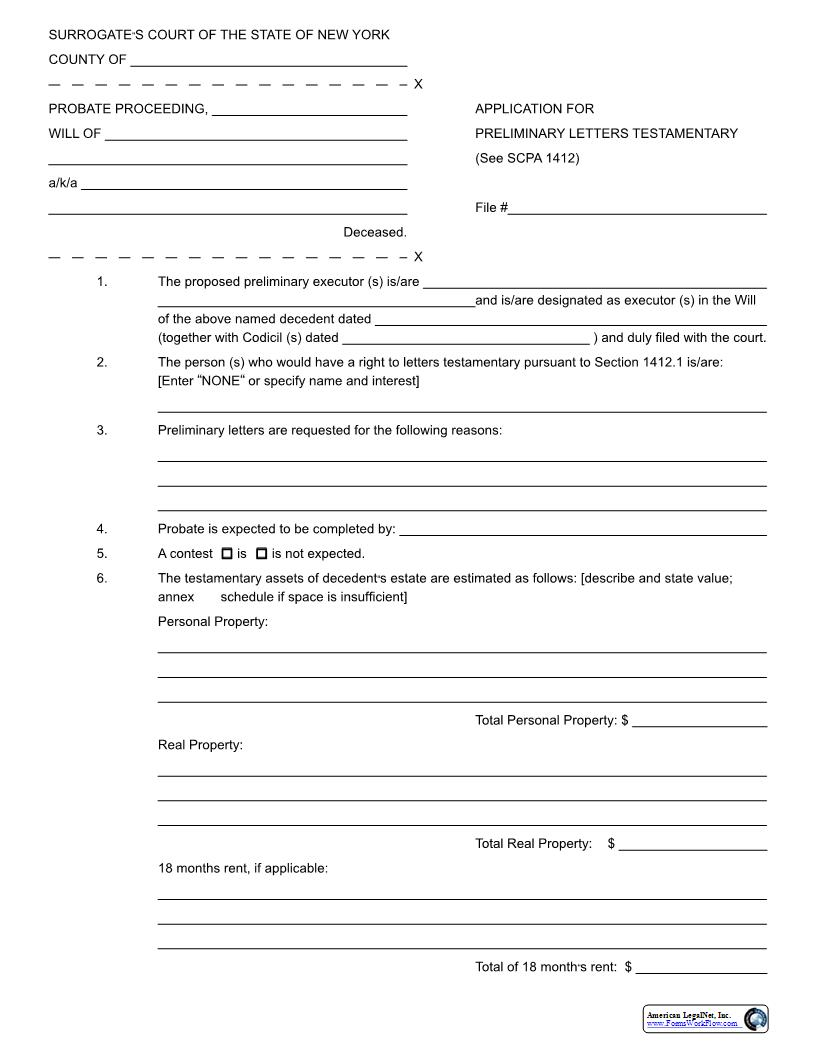 Application For Preliminary Letters Testamentary {P-2} | Pdf Fpdf Docx | New York