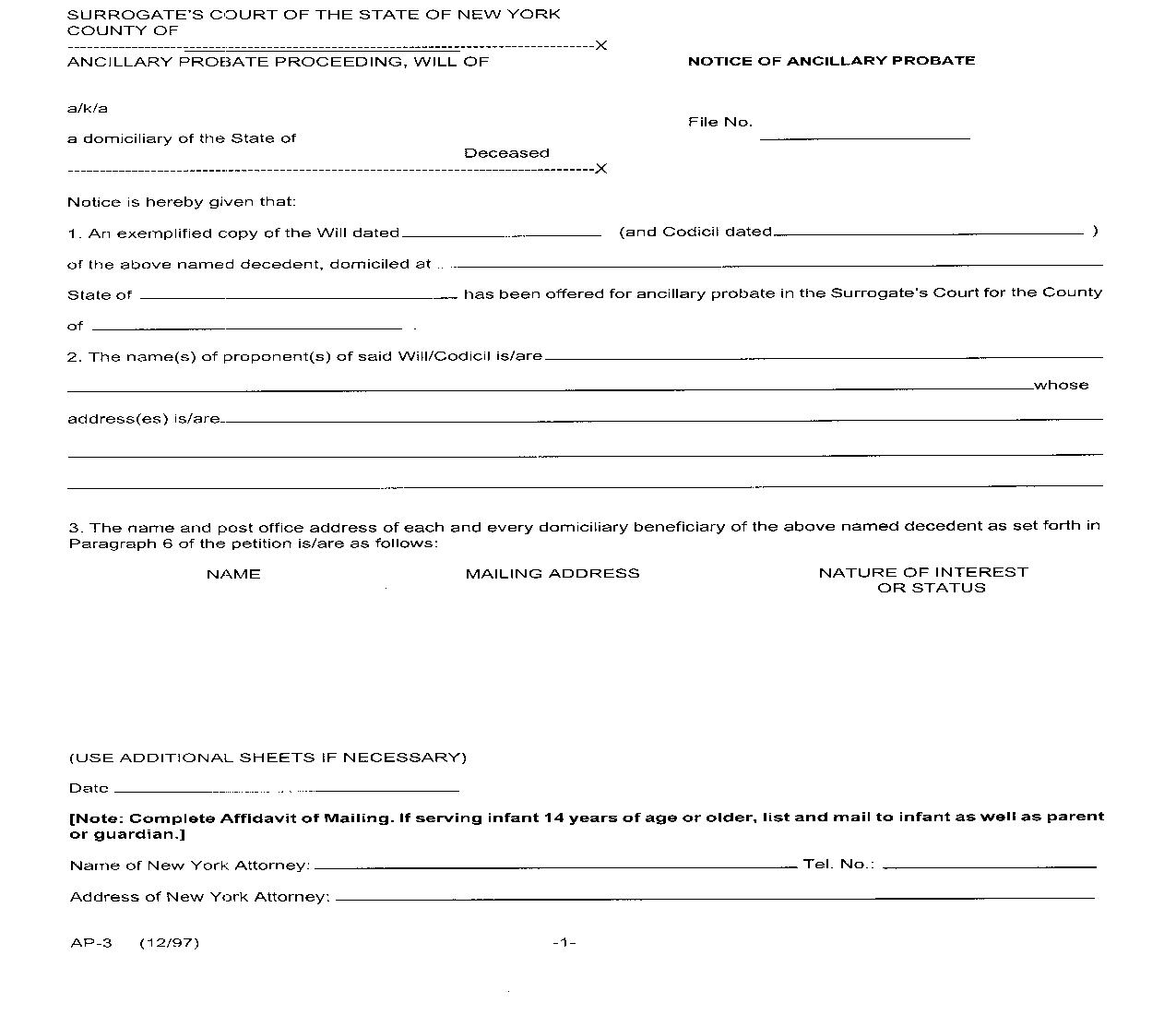Notice Of Ancillary Probate {AP-3} | Pdf Fpdf Doc Docx | New York