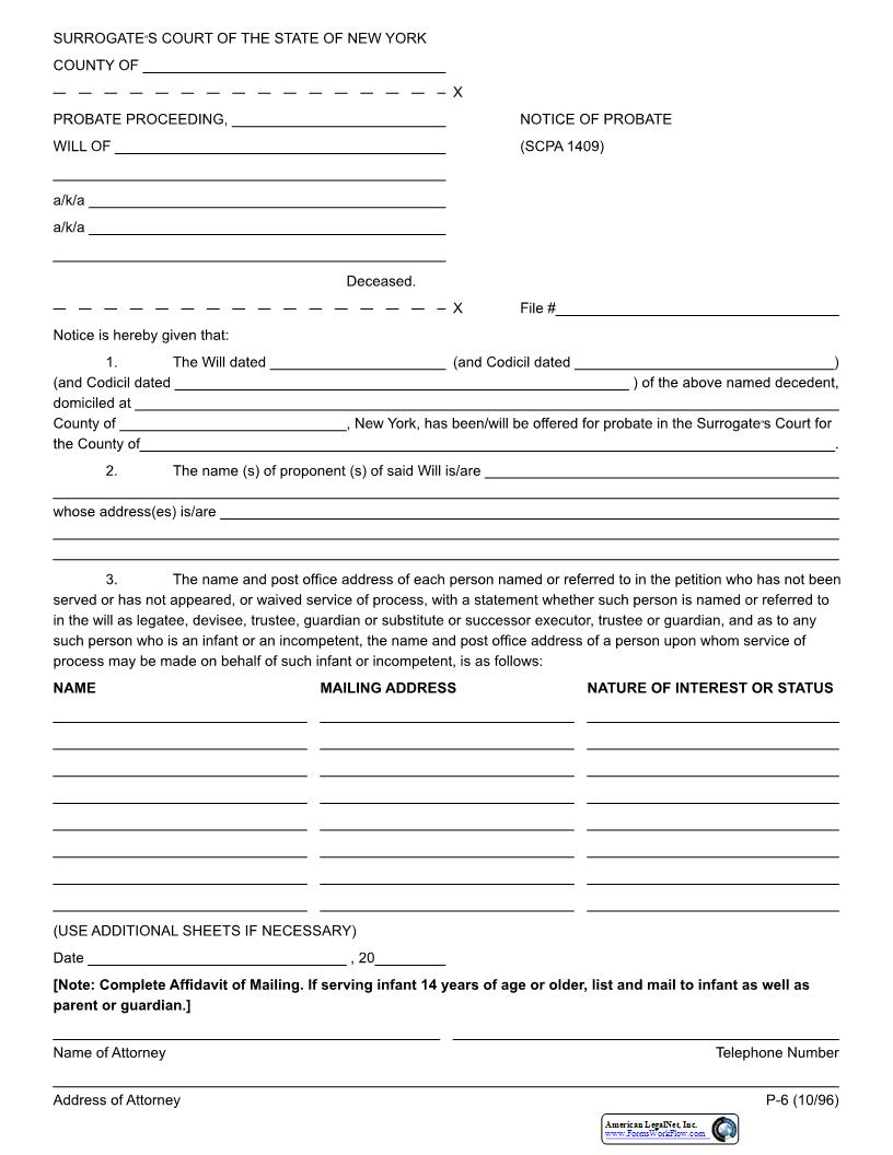 Notice Of Probate {P-6} | Pdf Fpdf Docx | New York