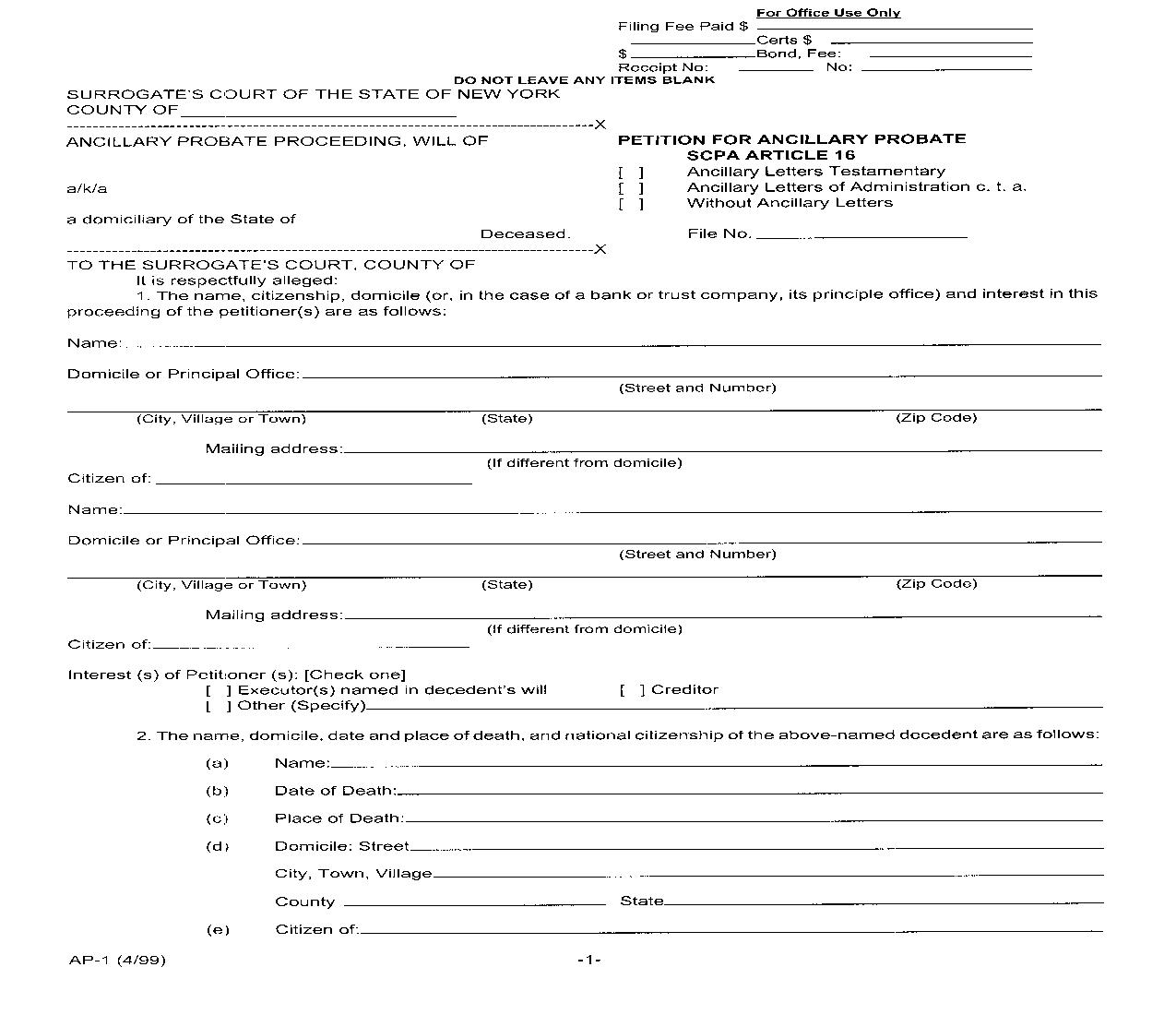 Petition For Ancillary Probate {AP-1} | Pdf Fpdf Doc Docx | New York
