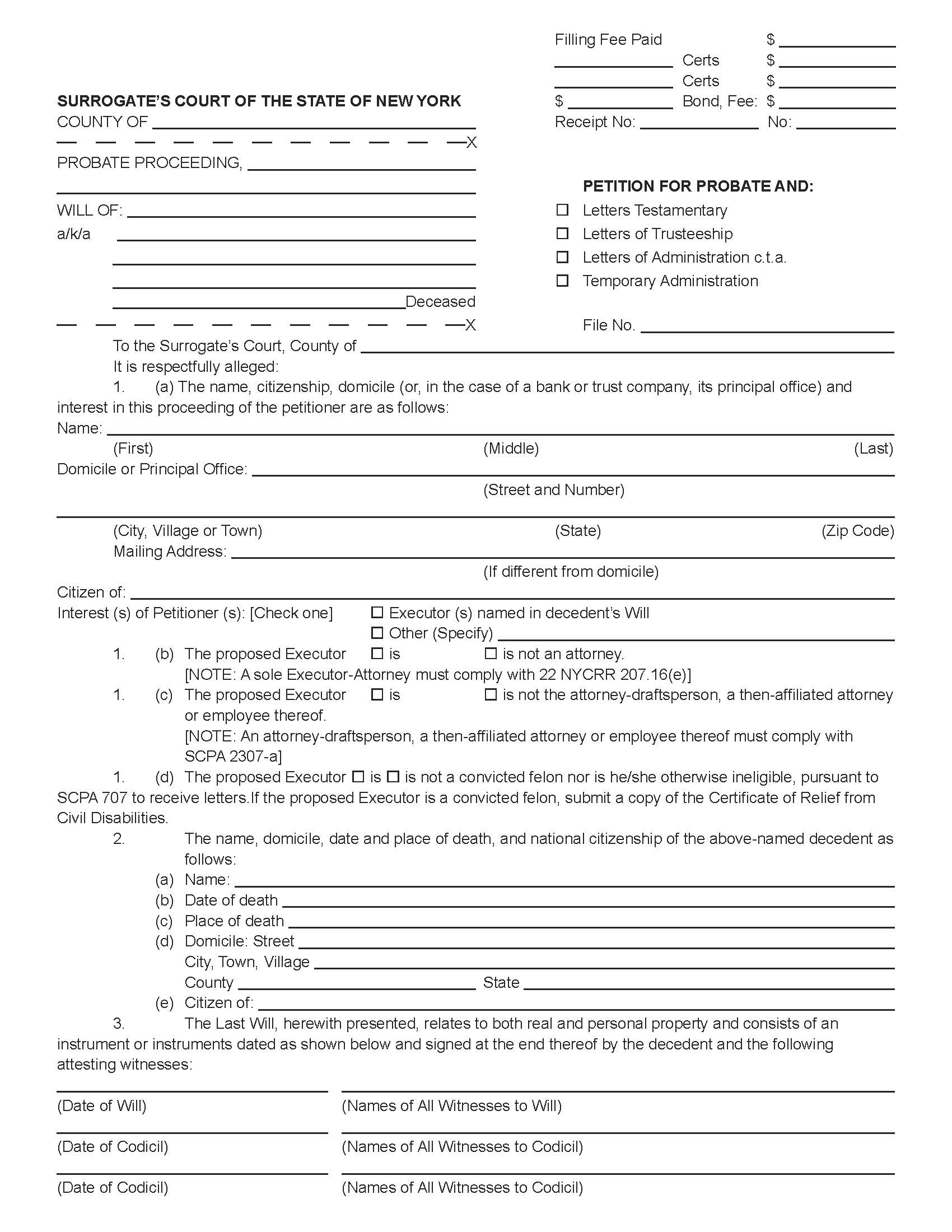 Petition For Probate And Letters Or Temporary Administration {P-1} | Pdf Fpdf Docx | New York