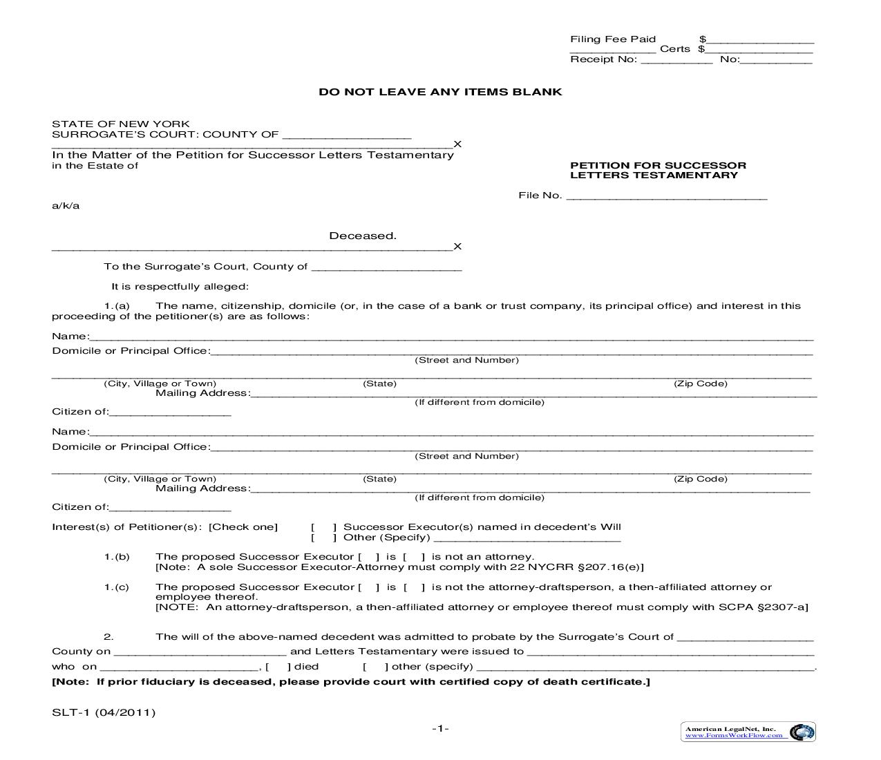 Petition For Successor Letters Testamentary (P-14) {SLT-1} | Pdf Fpdf Doc Docx | New York