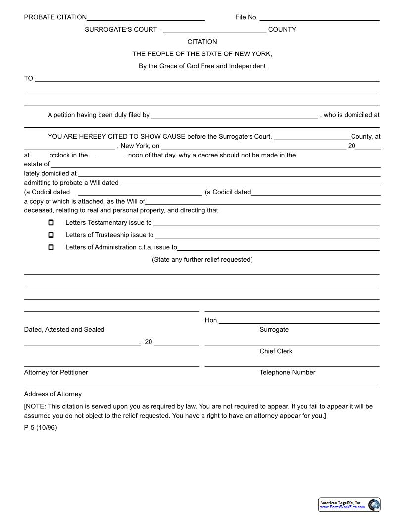 Probate Citation {P-5} | Pdf Fpdf Docx | New York