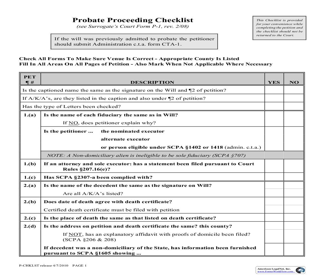 Probate Proceeding Checklist | Pdf Fpdf Doc Docx | New York