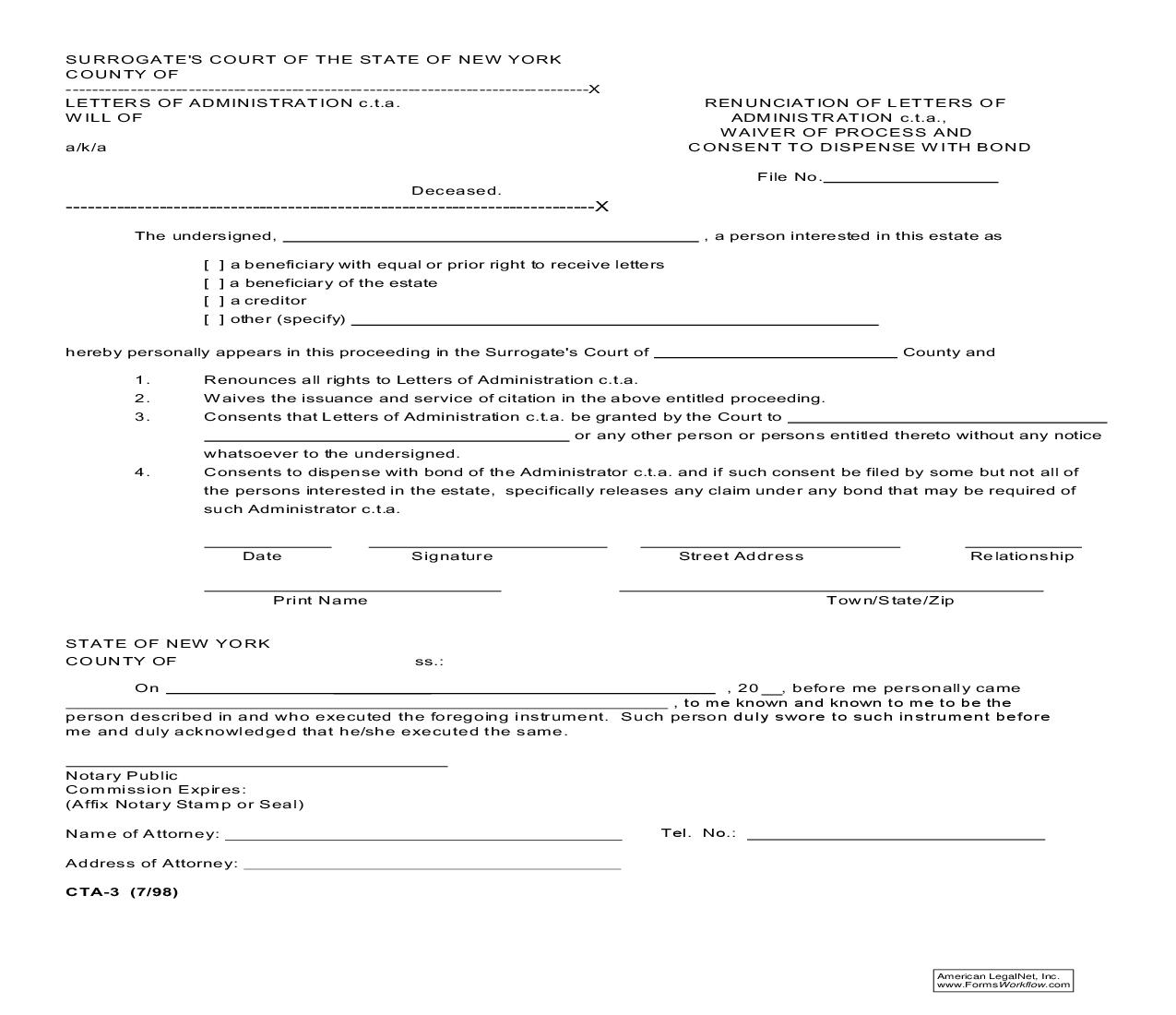 Renunciation Of Letters Of Administration C.T.A. Waiver Of Process And Consent To Dispense With Bond {CTA-3} | Pdf Fpdf Doc Docx | New York