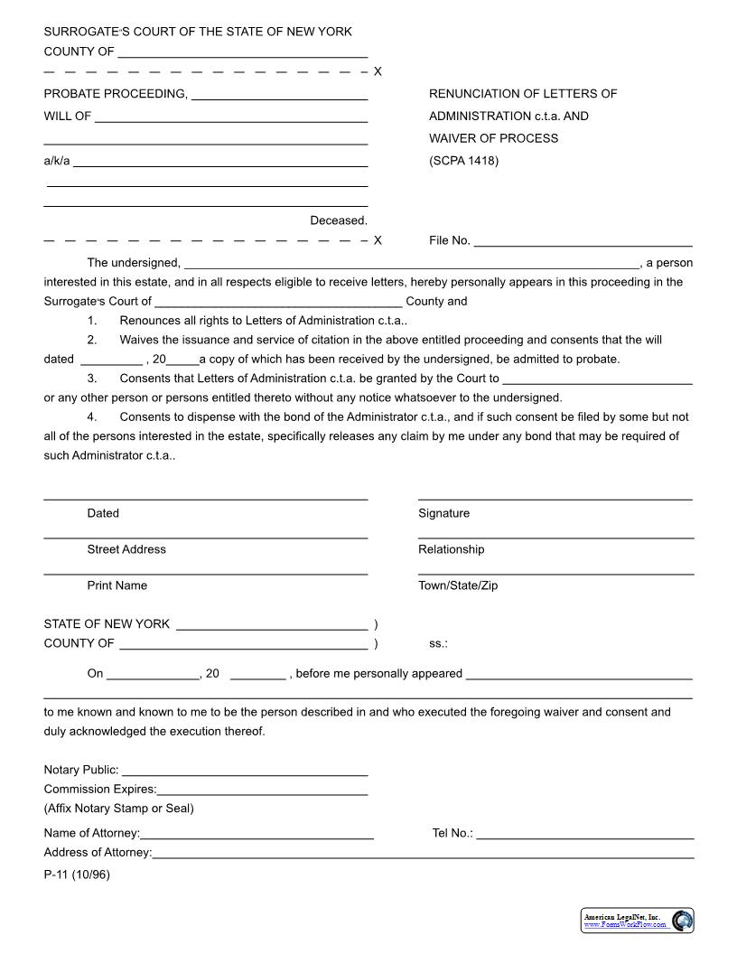 Renunciation Of Letters Of Administration cta And Waiver Of Process {P-11} | Pdf Fpdf Docx | New York