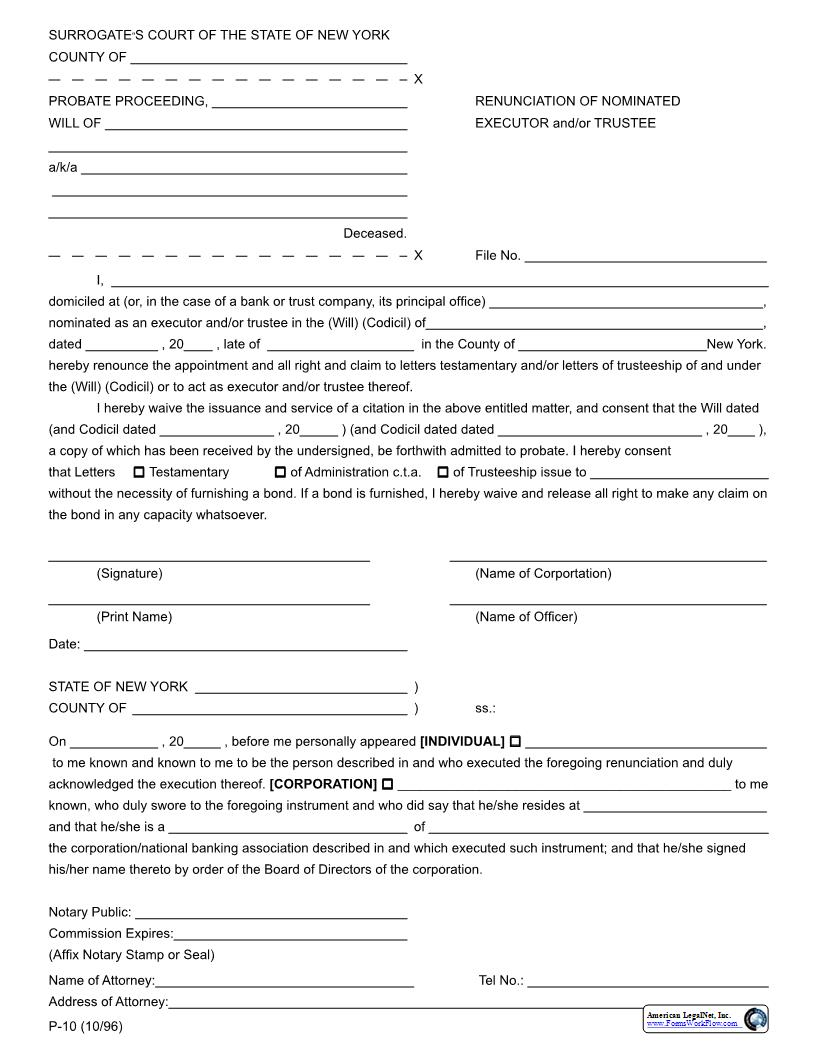 Renunciation Of Nominated Executor And Or Trustee {P-10} | Pdf Fpdf Docx | New York