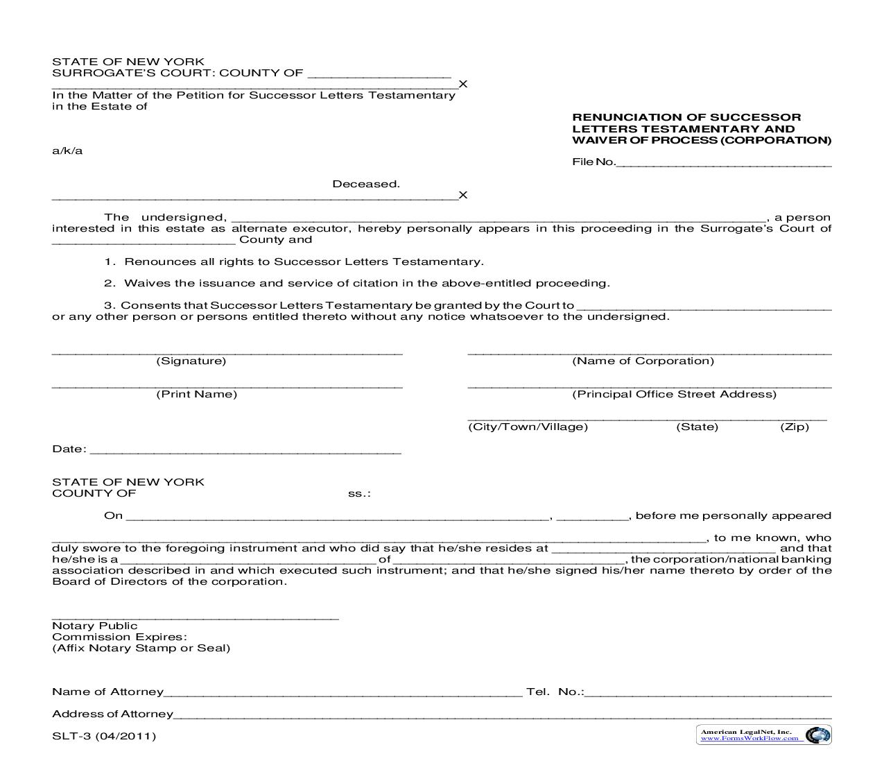 Renunciation Of Successor Letters Testamentary And Waiver Of Process (Corporation) (P-16) {SLT-3} | Pdf Fpdf Doc Docx | New York