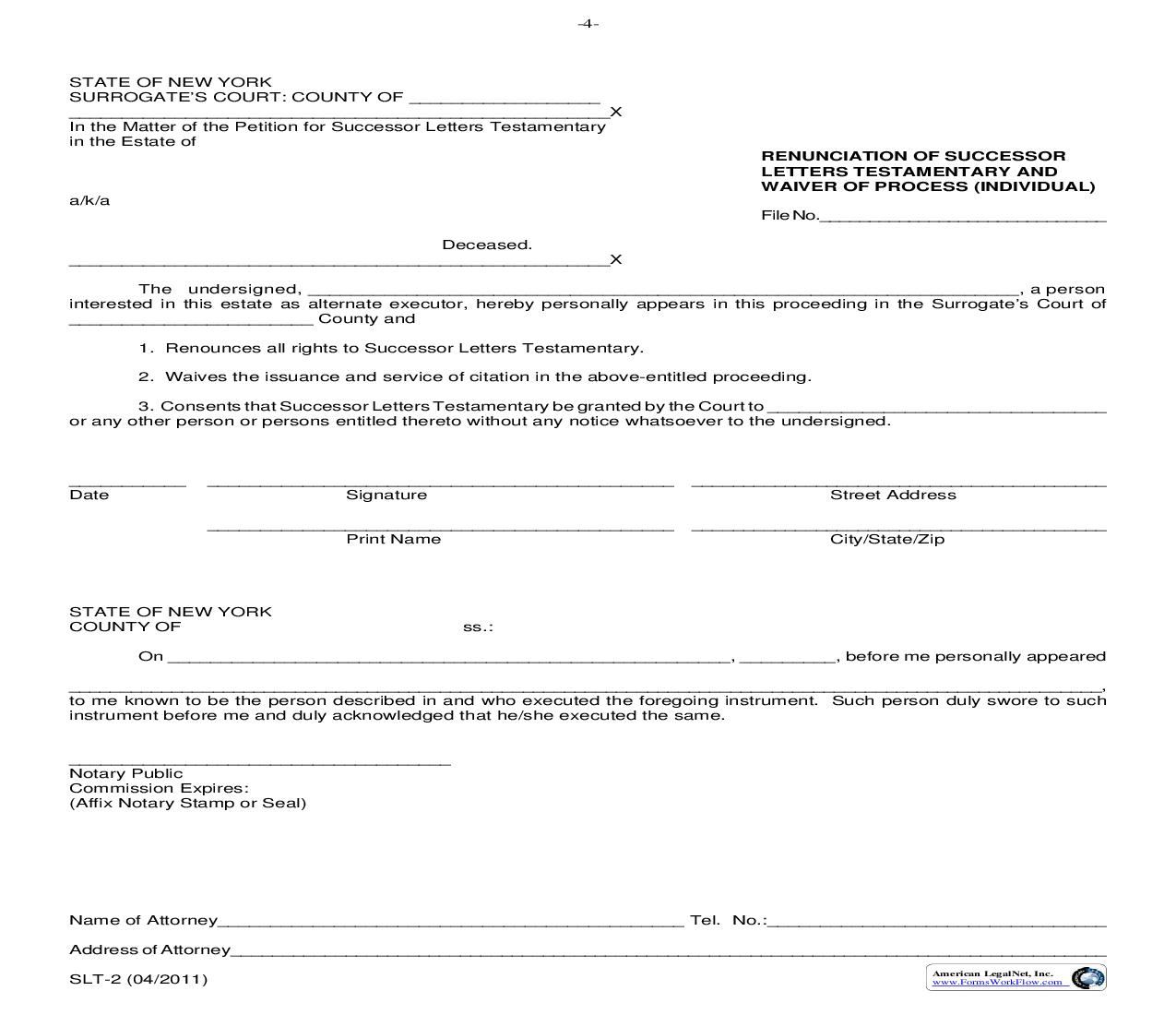 Renunciation Of Successor Letters Testamentary And Waiver Of Process (Individual) (P-15) {SLT-2} | Pdf Fpdf Doc Docx | New York