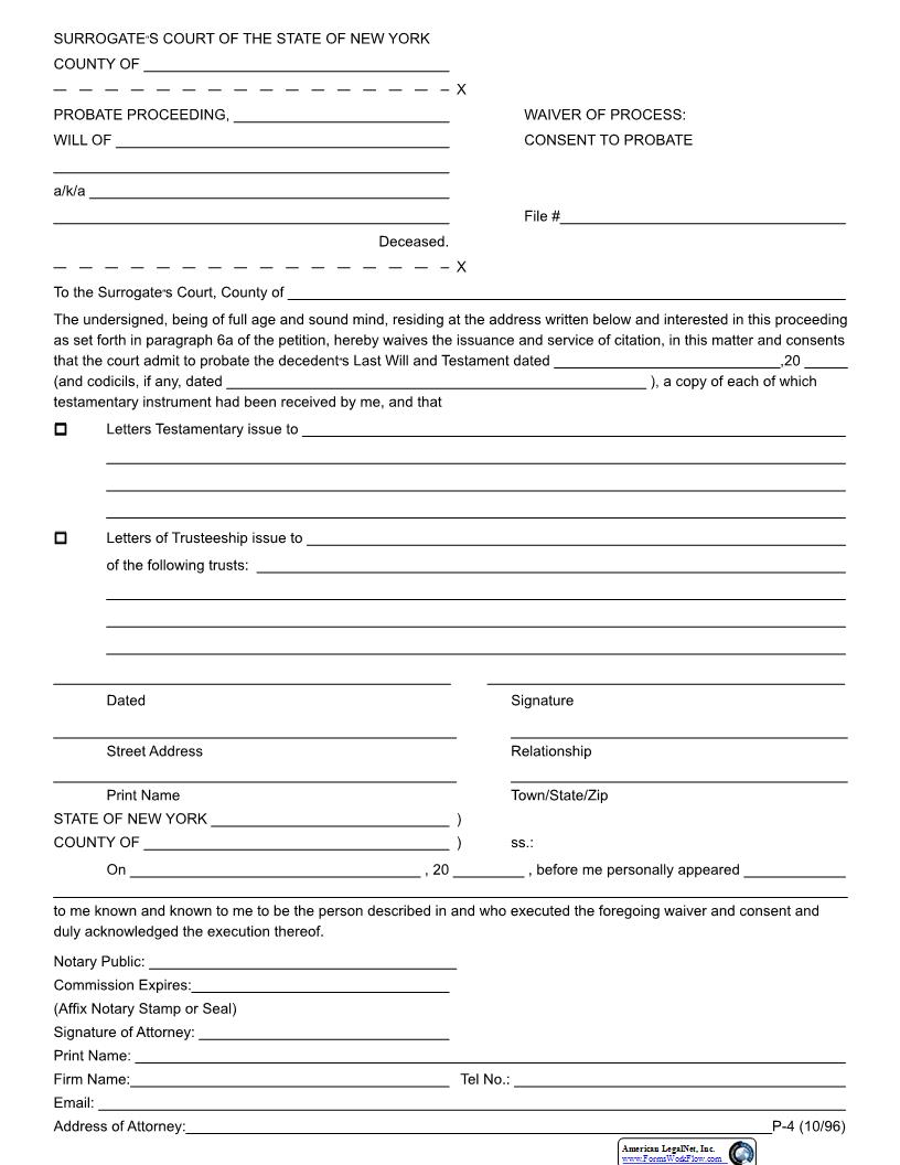 Waiver Of Process Consent To Probate {P-4} | Pdf Fpdf Docx | New York