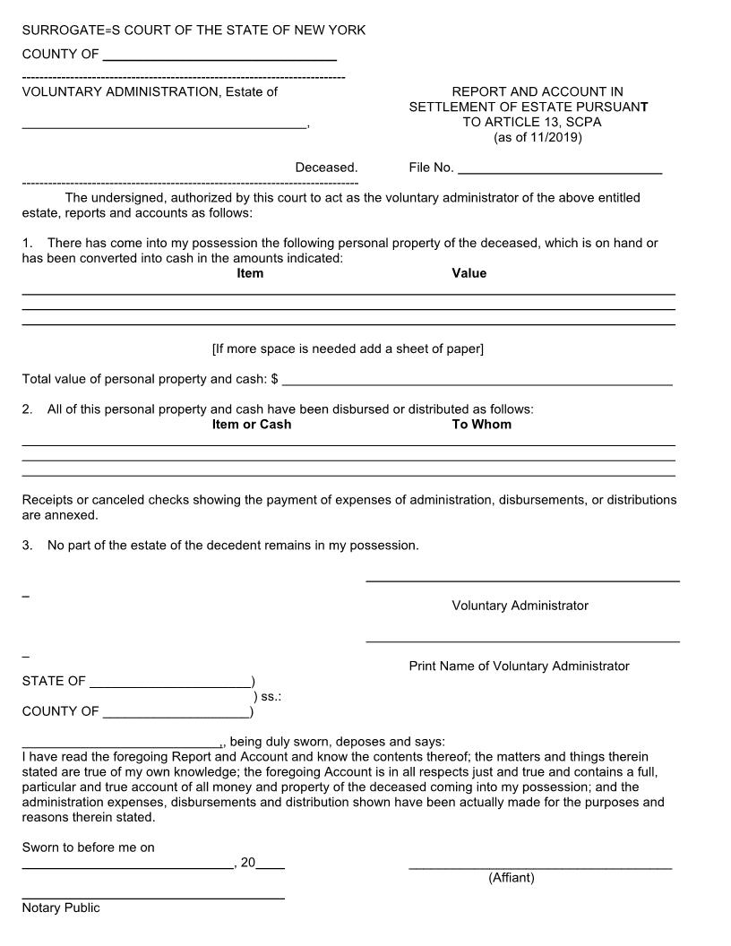 Report Account Settlement Of Estate Pursuant To Article 13 SPCA {SE-1D} | Pdf Fpdf Doc Docx | New York