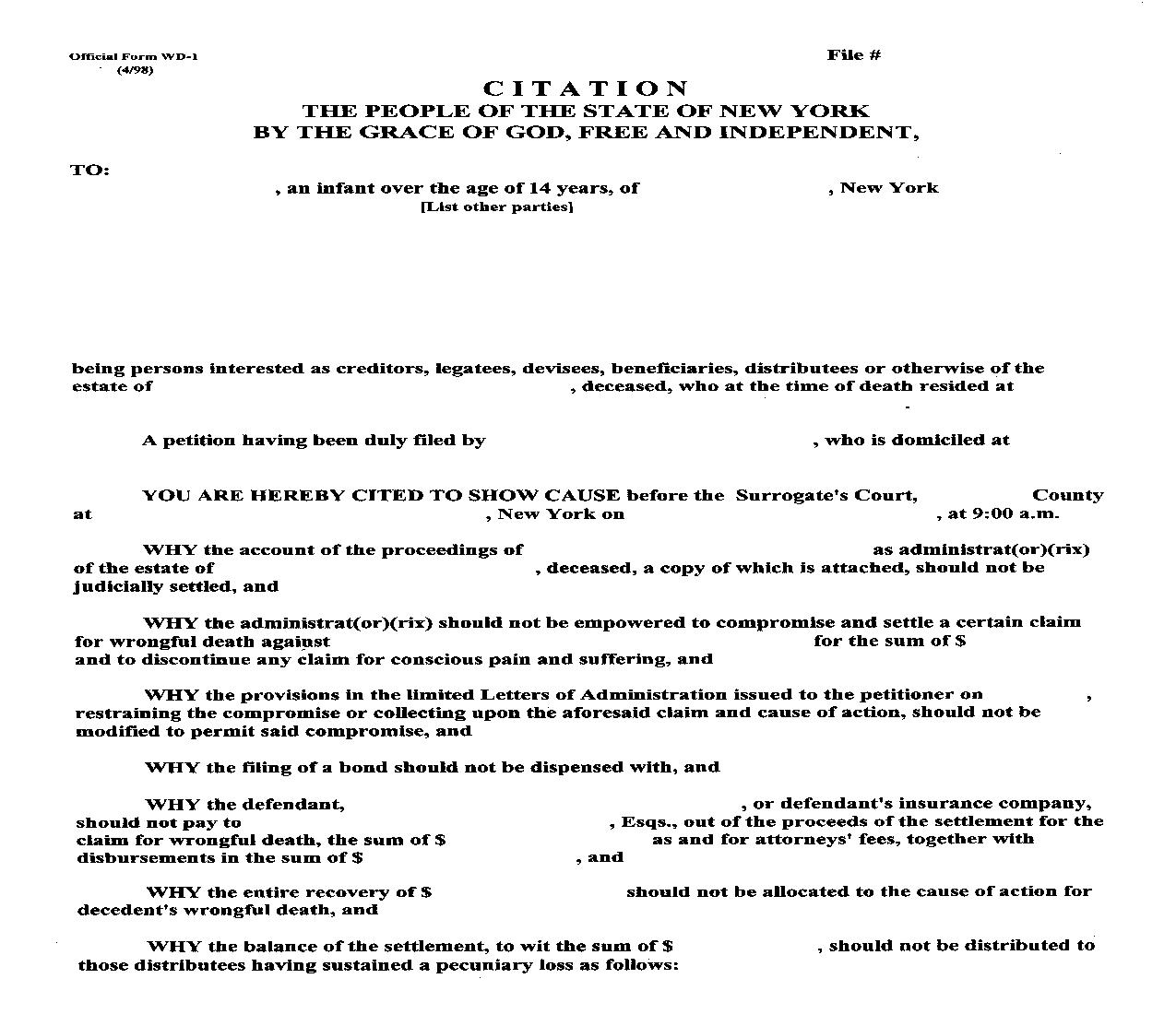 Citation (Wrongful Death) {WD-1} | Pdf Fpdf Doc Docx | New York