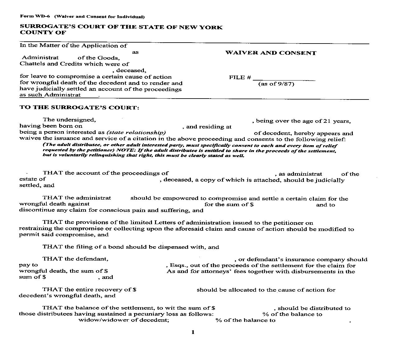 Waiver And Consent (For Individual) {WD-6} | Pdf Fpdf Doc Docx | New York