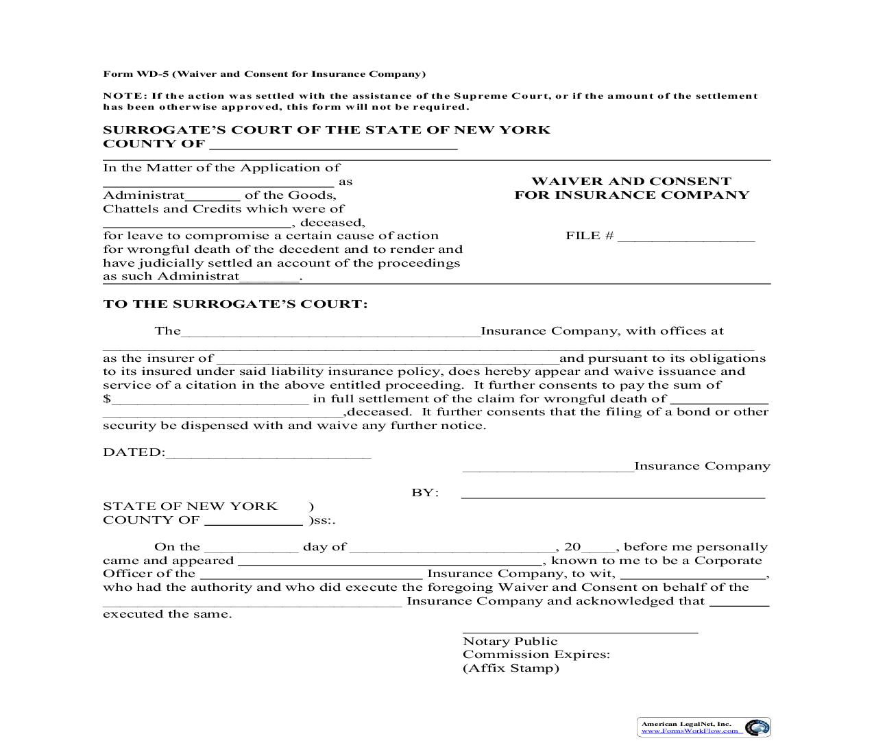 Waiver And Consent For Insurance Company {WD-5} | Pdf Fpdf Doc Docx | New York