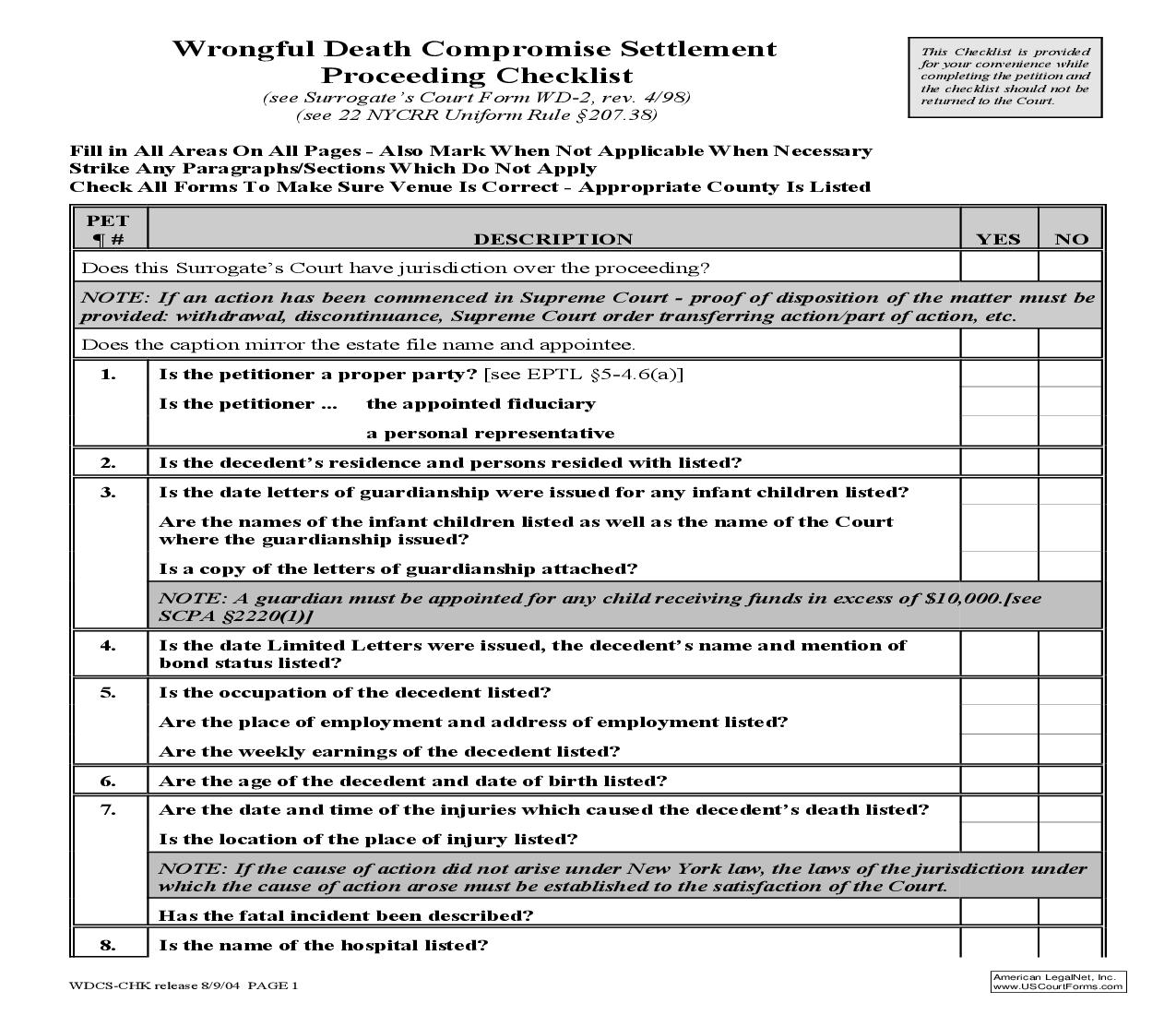 Wrongful Death Compromise Settlement Proceeding Checklist | Pdf Fpdf Doc Docx | New York